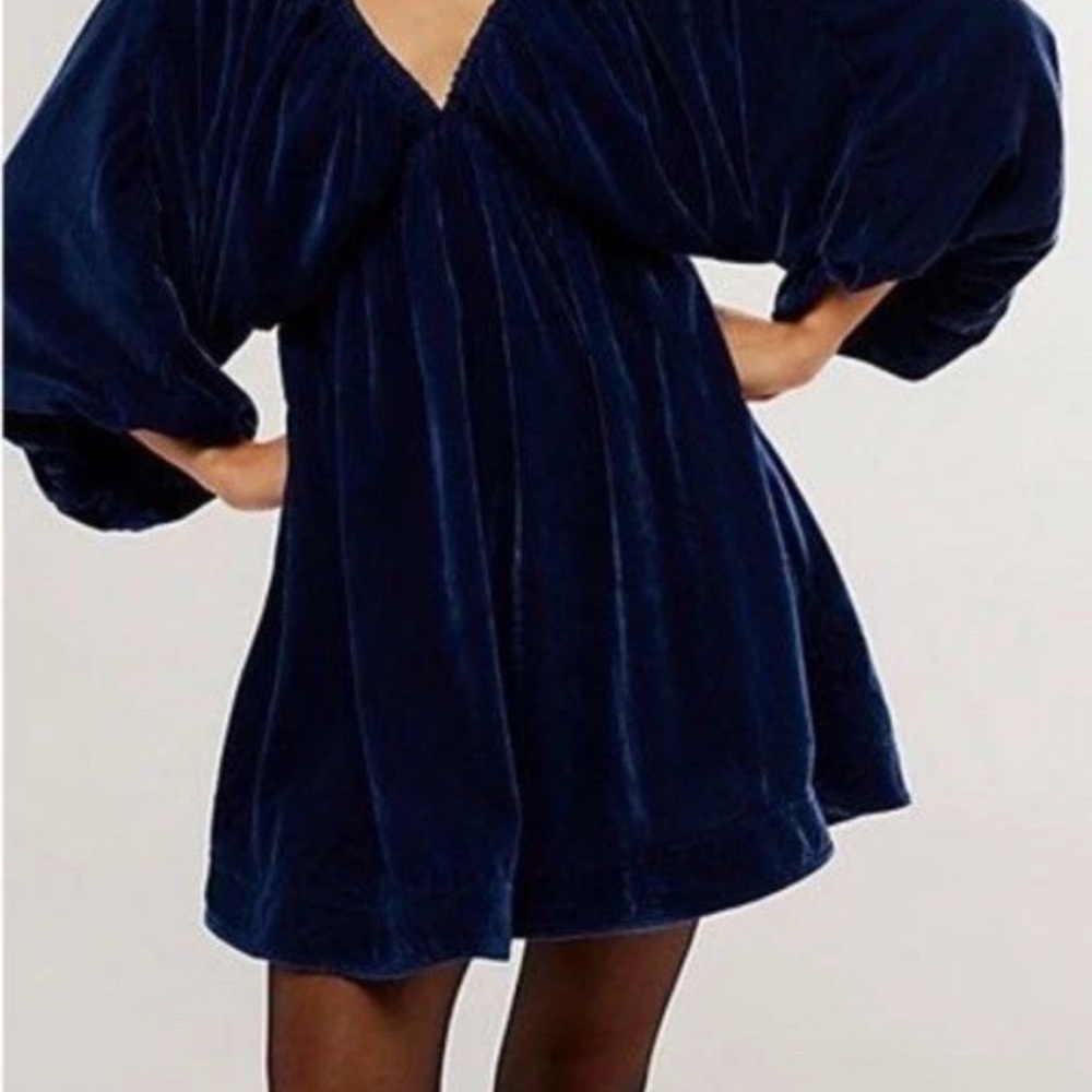 Free People Portia Velvet Mini Dress XS Midnight Rain Blue V-Neck